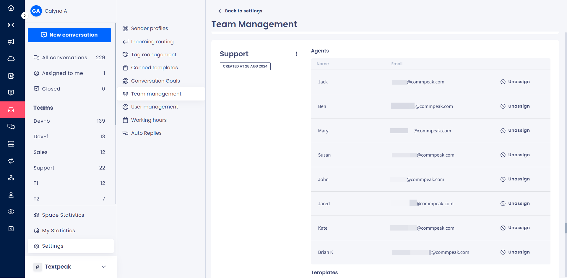 A screenshot of the Inbox > Settings > Team Management page