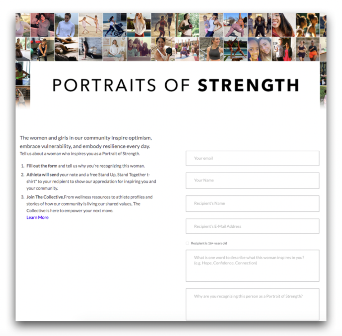 The signup experience for Athleta's Nomination program