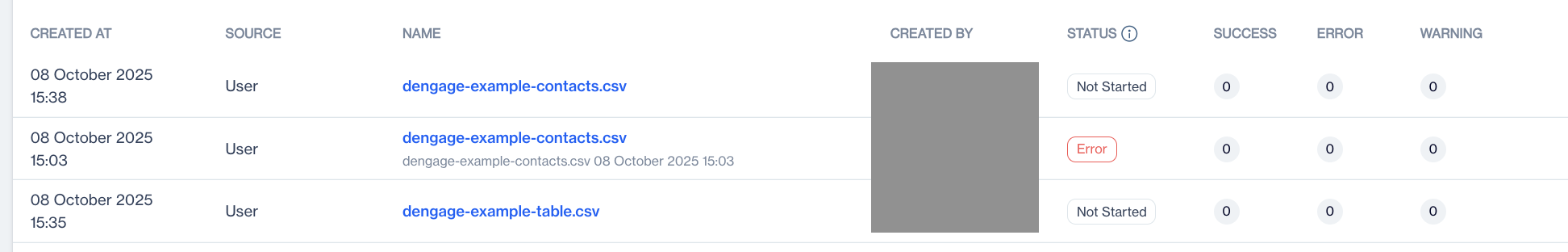 Log of import processes
