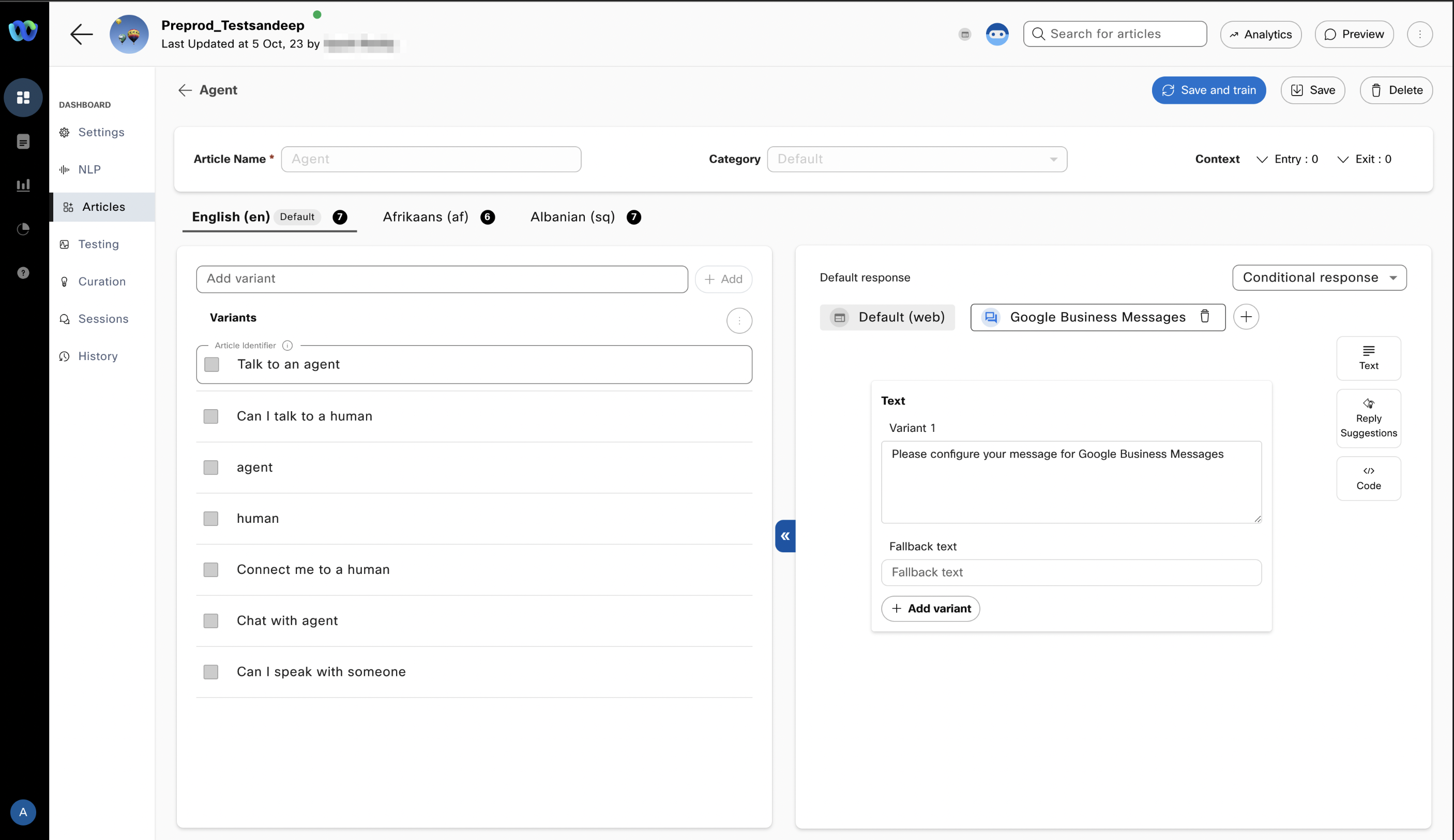 Configure text responses in Google business messages