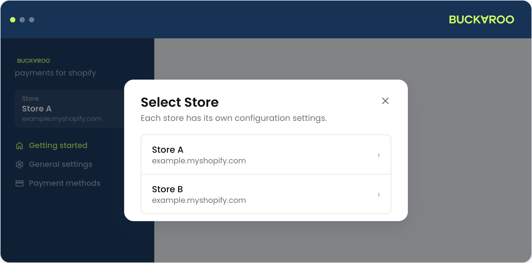 Buckaroo for Shopify app, store selection