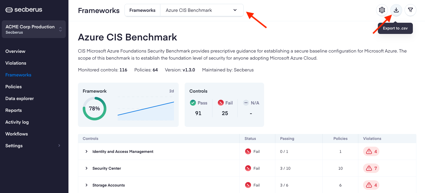 Select a Compliance Framework and generate a CSV Report