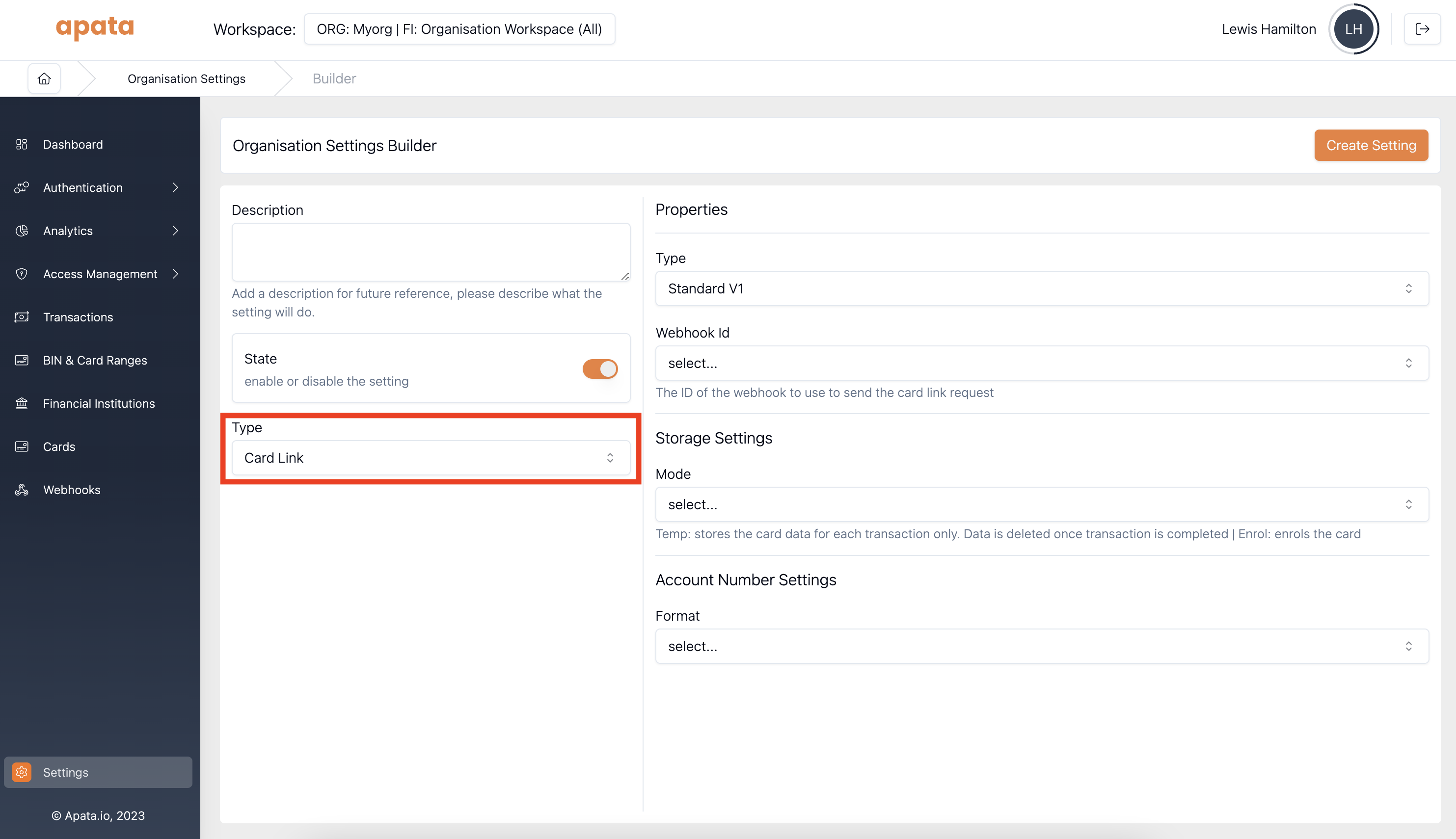 Create organisation setting page with the card link type selected