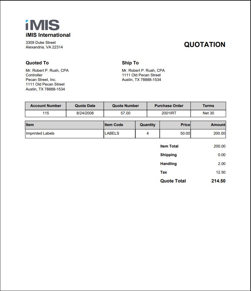 Viewing the Pro-Forma Quotation report example