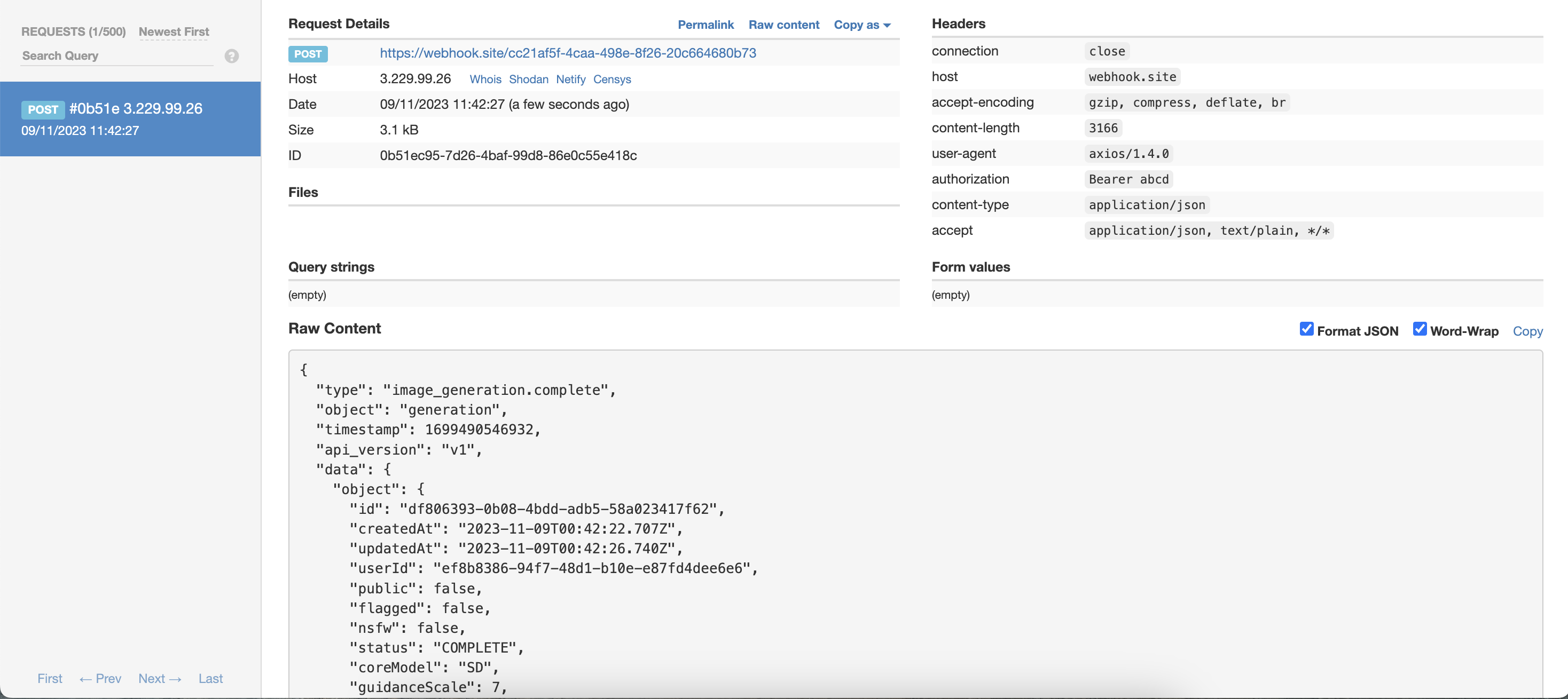 Sample screenshot for an online tool (Webhook.site) for examining HTTP requests.