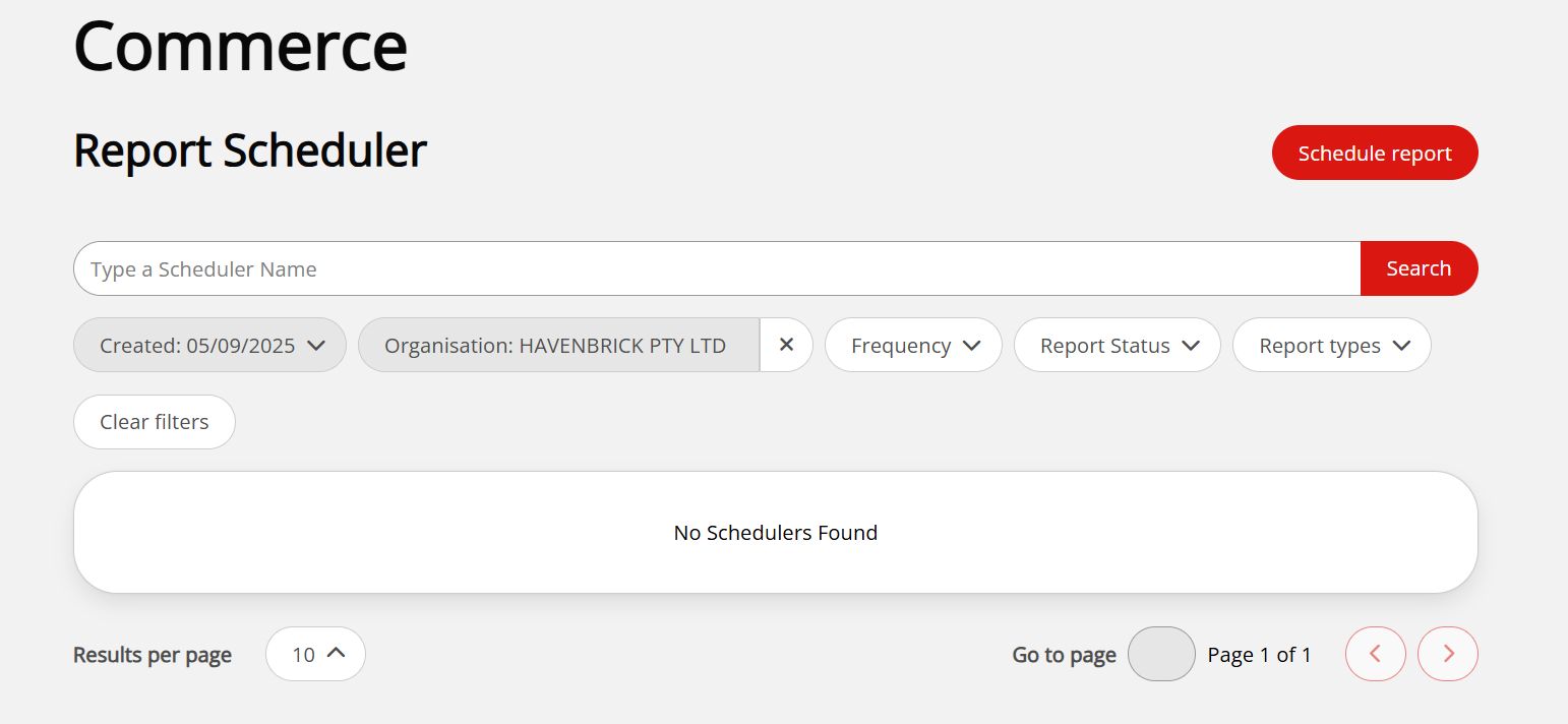 The report scheduler page in the dashboard