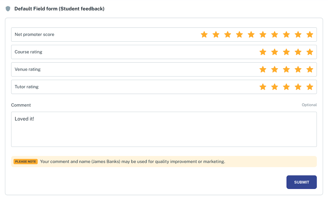 List of all a students class results on the results tab