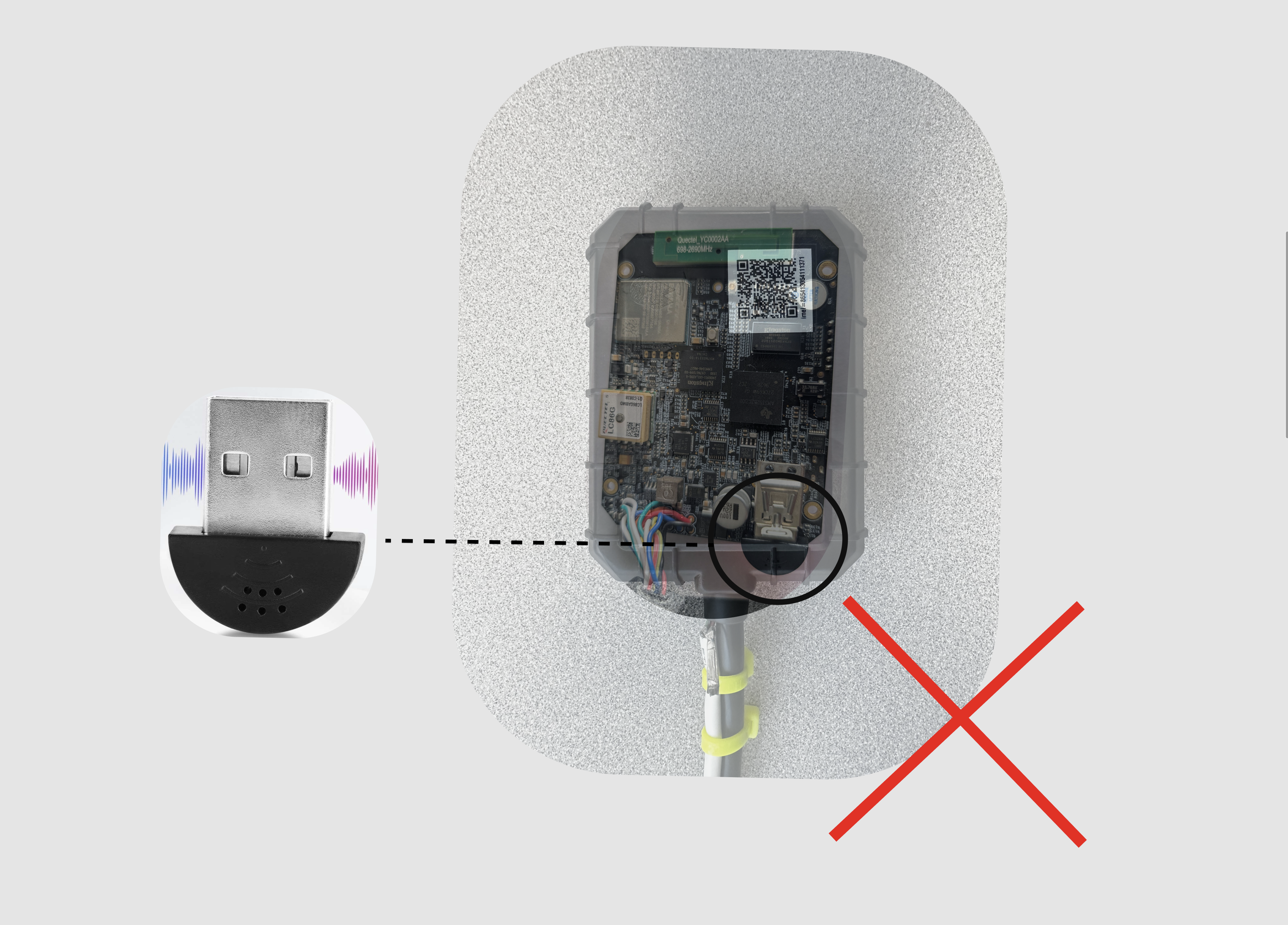 Directly connecting the USB audio dongle to the internal port is not recommended — it puts stress on the board and limits accessibility.
