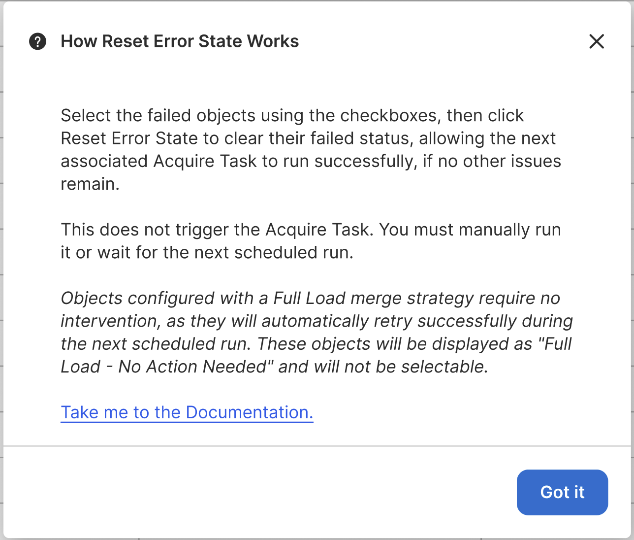 An information popup explaining actions you may take to address errors, and how those actions may impact acquisitio