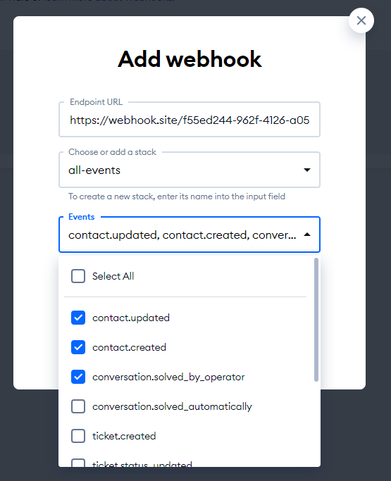 Select the events that will trigger the webhook