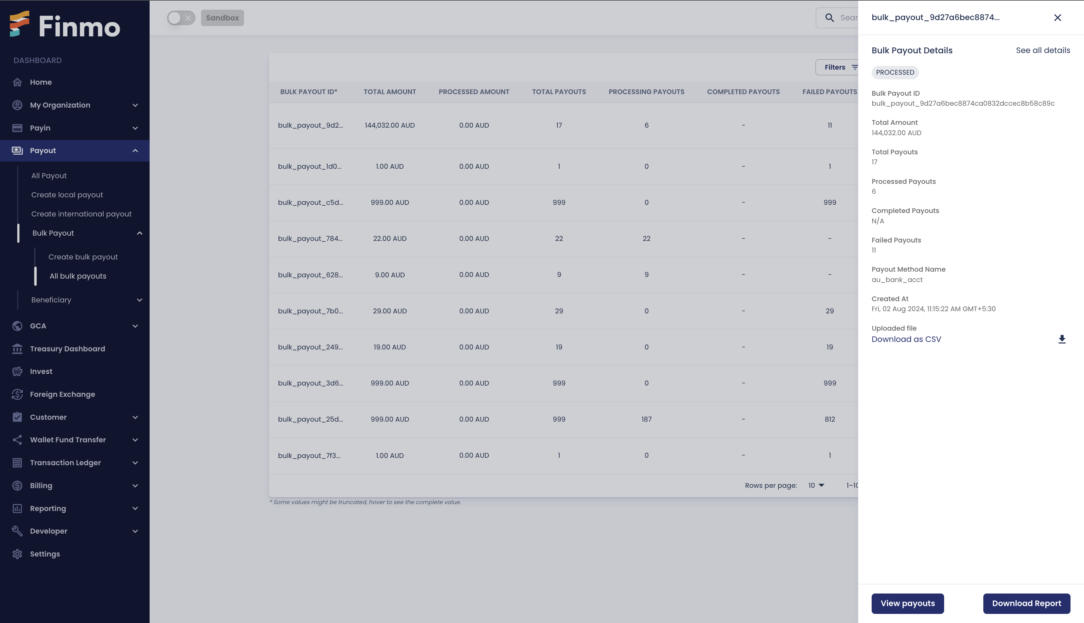 Download the individual Bulk Payout Reports