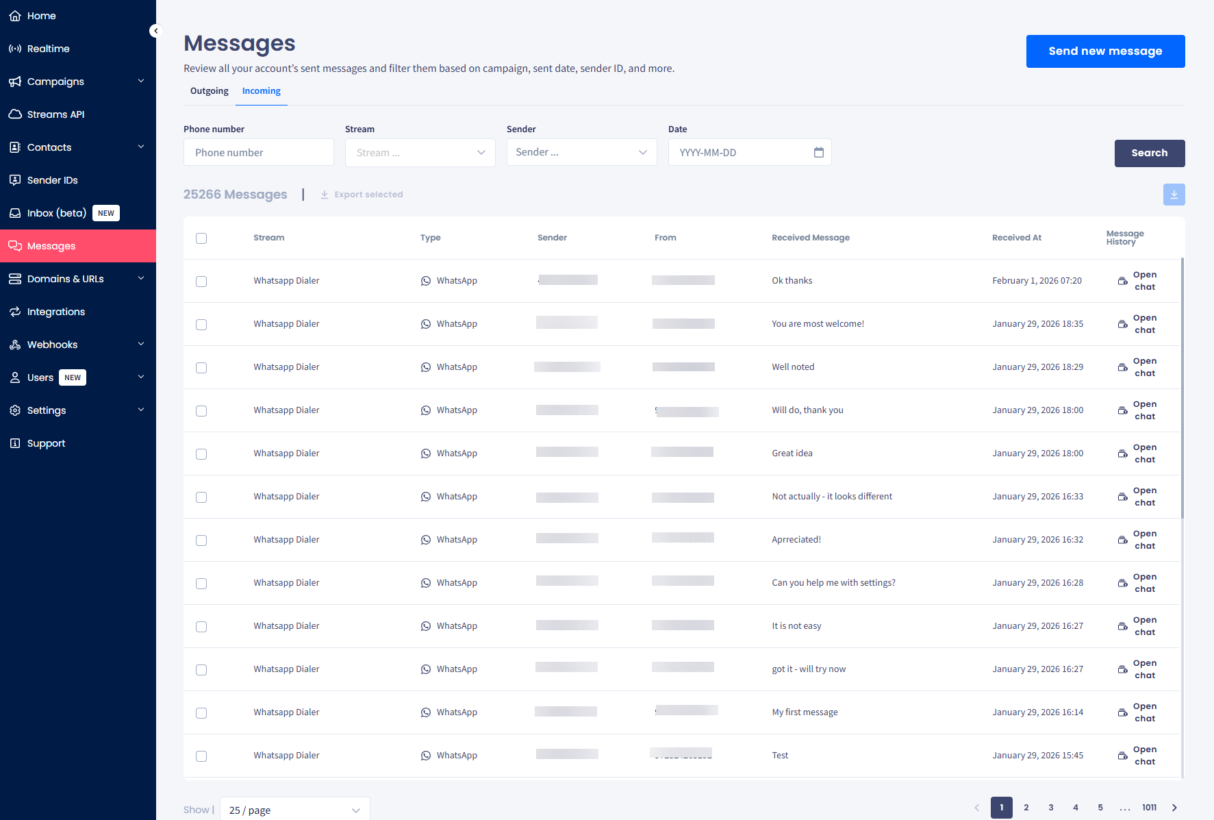 Screenshot of the Messages > Incoming tab