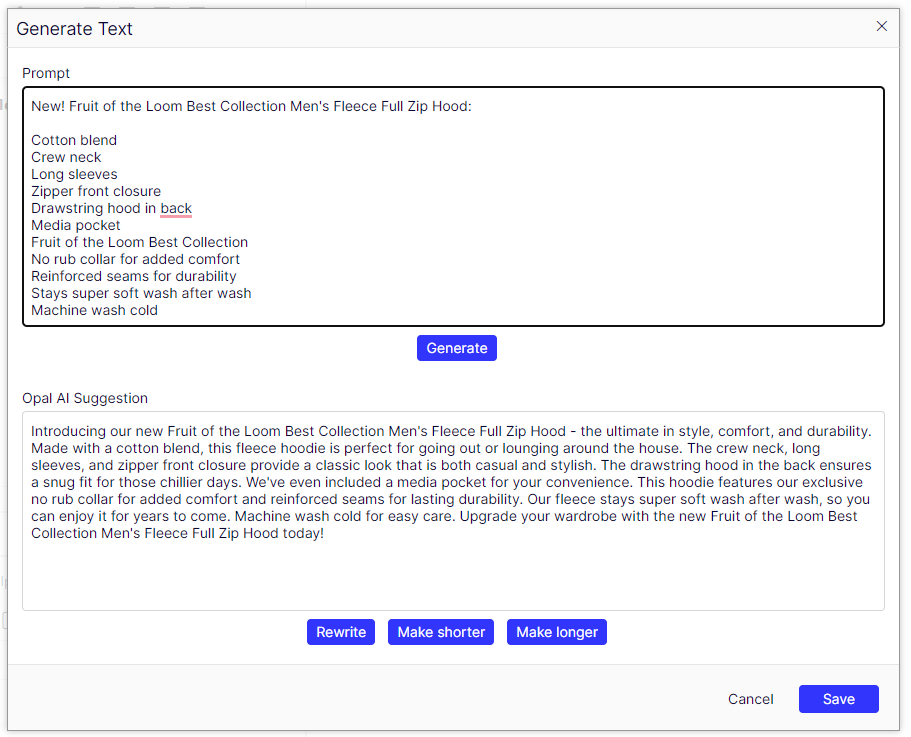 Screenshot of the Generate Text window in Commerce Connect showing Opal AI content generation options.