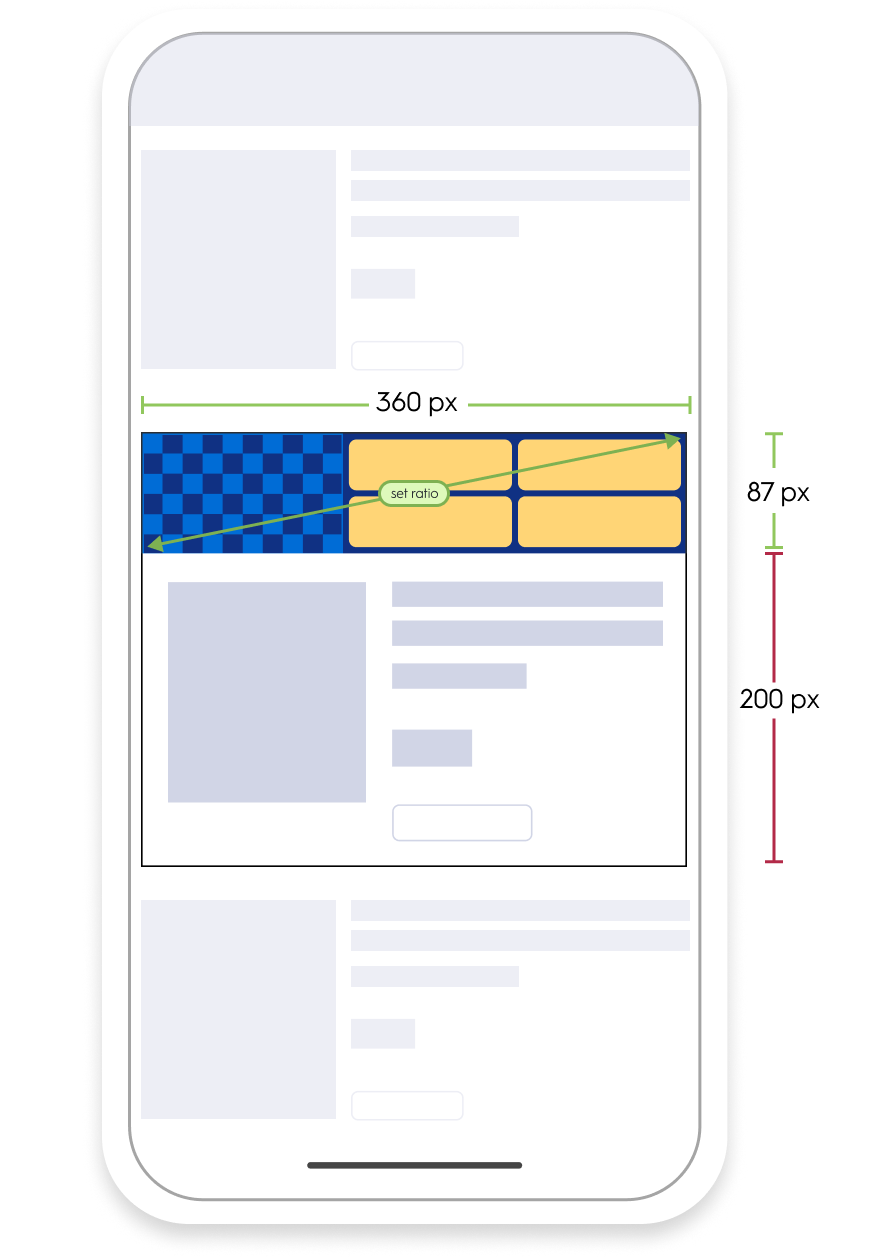 Example: Placement width = `360px`

Branding zone will dynamically resize to`360x87px`, the image logo ratio and background image ratio remain the same. Buttons will adjust appropriately. Product zone will remain at fixed height.