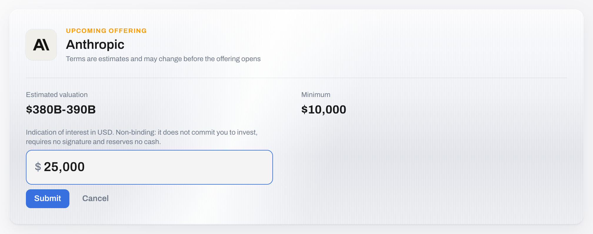 A non-binding interest form on an upcoming offering