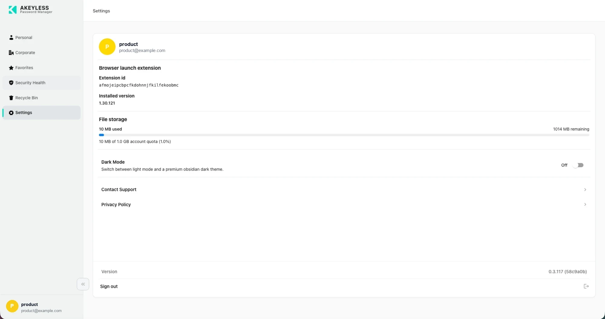 The Settings area