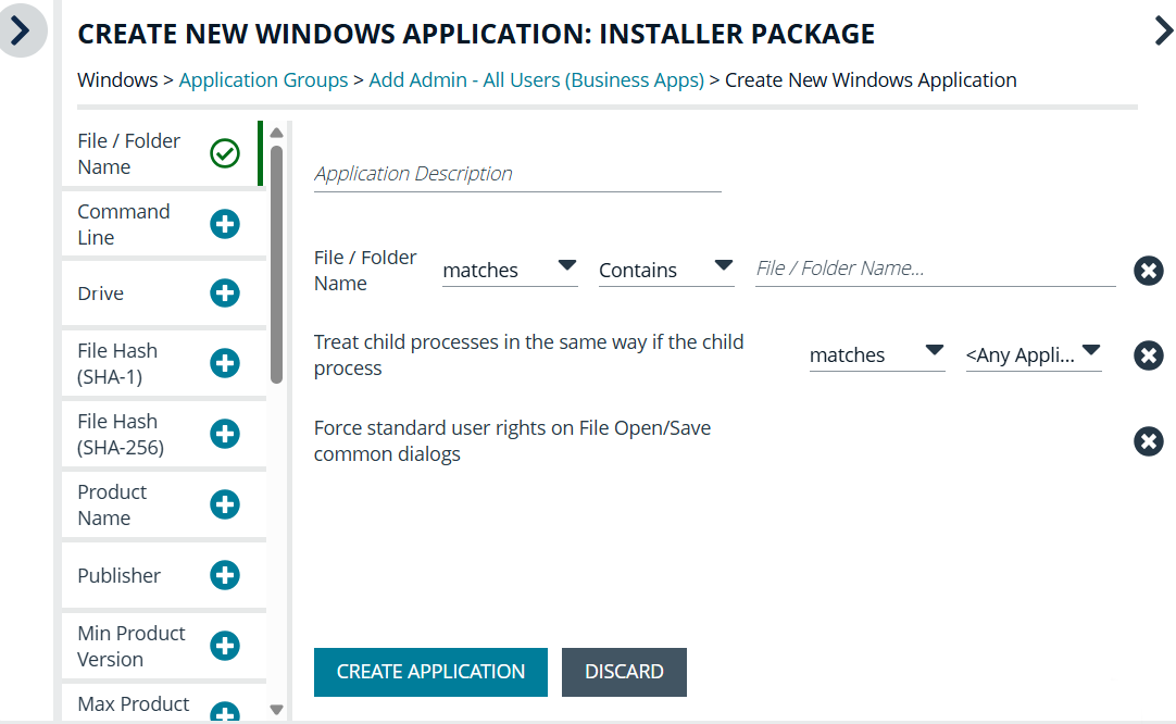 Application definition configuration for the installer pacakge