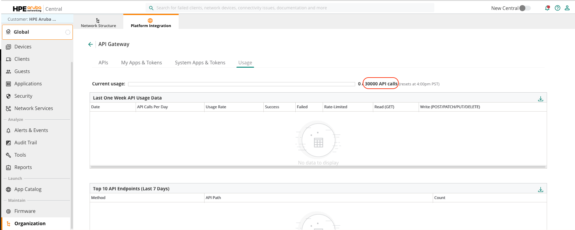 The 30000 API calls is highlighted in the Usage Tab under the API Gateway Section. This value reflects the dynamically calculated API rate limit for this account.