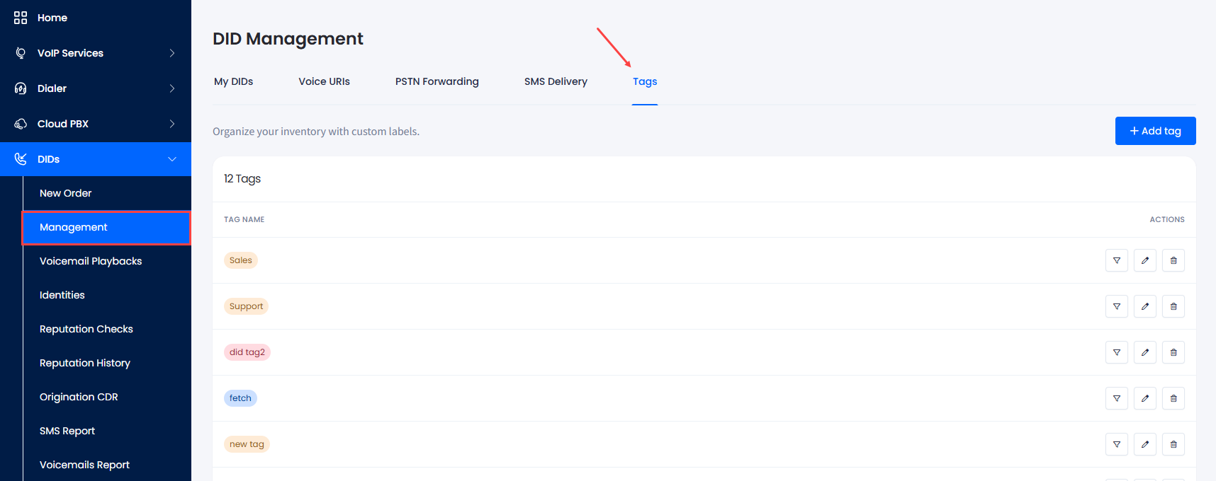 Screenshot of the DIDs > Tags tab