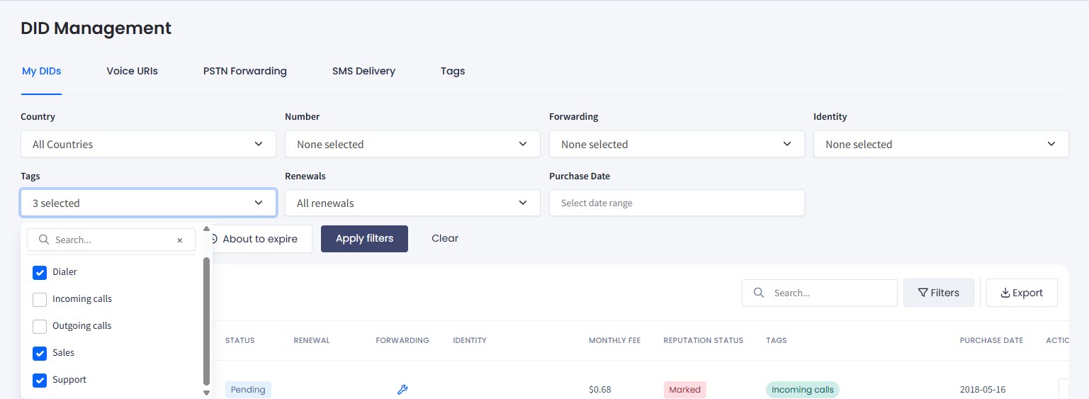 Screenshot of the Filters panel