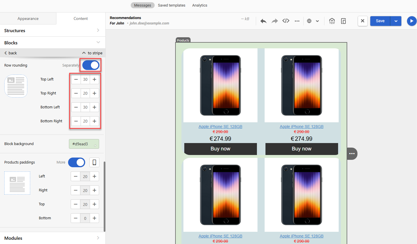 Row rounding separately for each corner