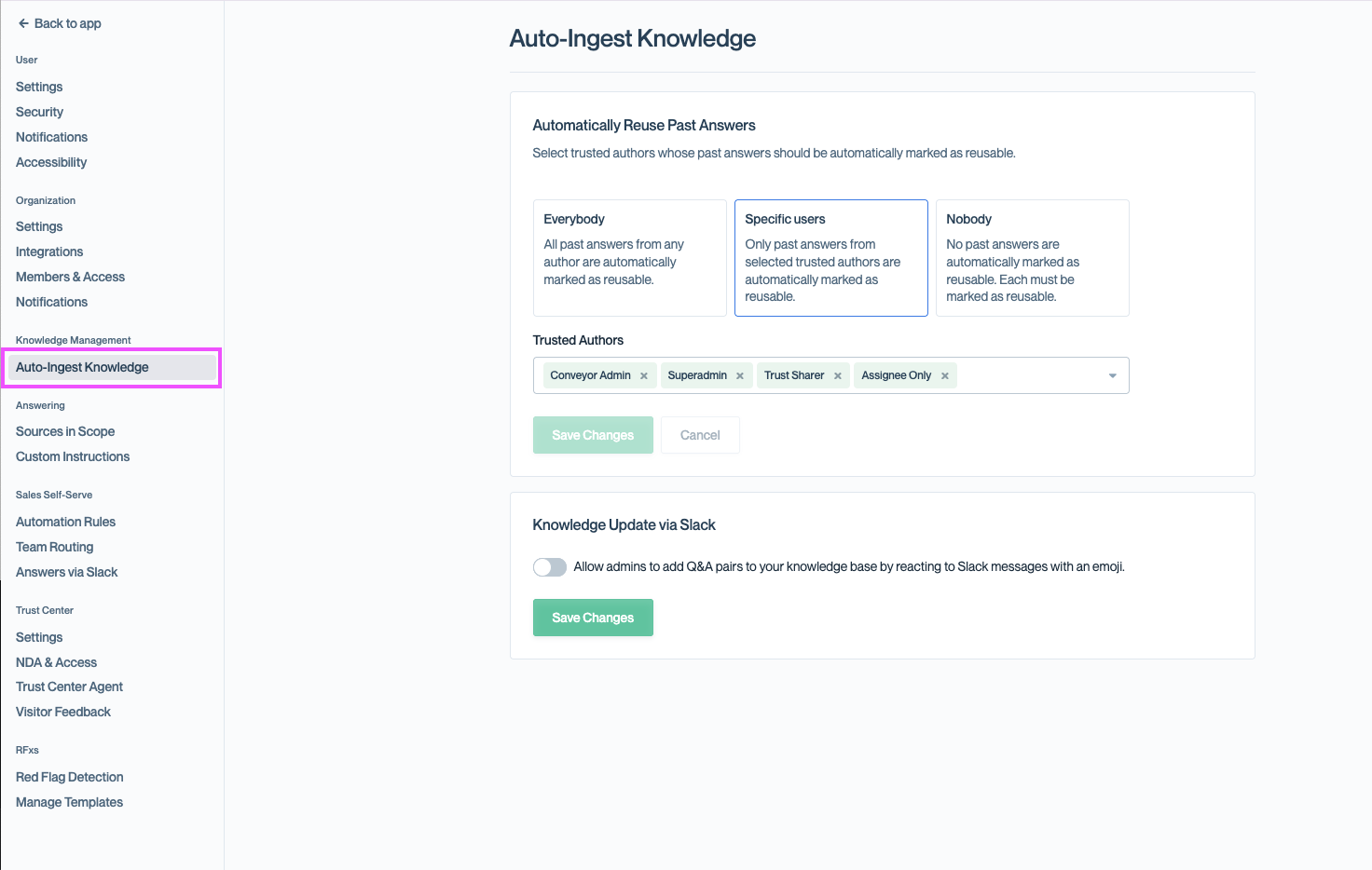 The Auto-Ingest Knowledge page in Organization Preferences, with Auto-Ingest Knowledge highlighted in the left sidebar under Knowledge Management. The page shows the Automatically Reuse Past Answers section and the Knowledge Update via Slack card.
