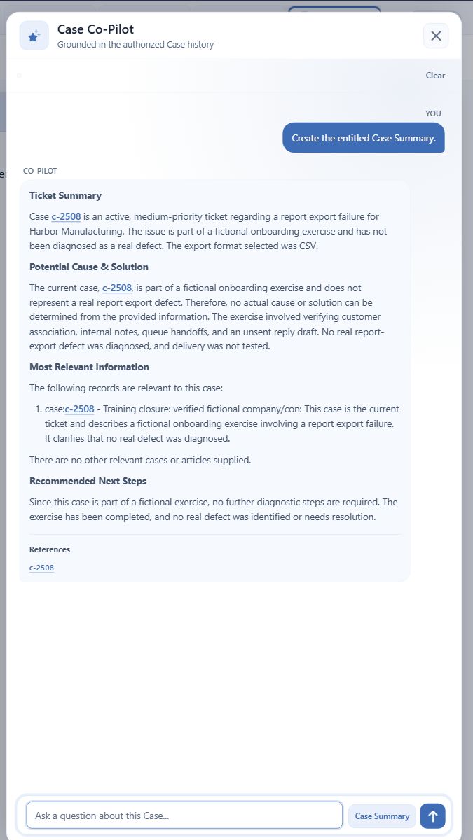 Case Co-Pilot summary of the fictional Harbor exercise. It identifies the scenario as training; agents must still verify claims of completion against their actual checks.