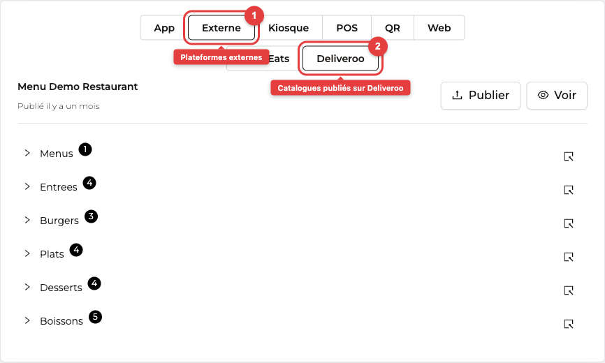 Vue des catalogues publiés par plateforme externe