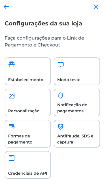 Tela Configurações da sua loja com as sete opções de configuraçã