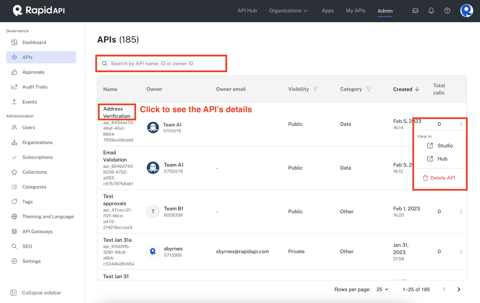 APIs tab in the Admin Panel
