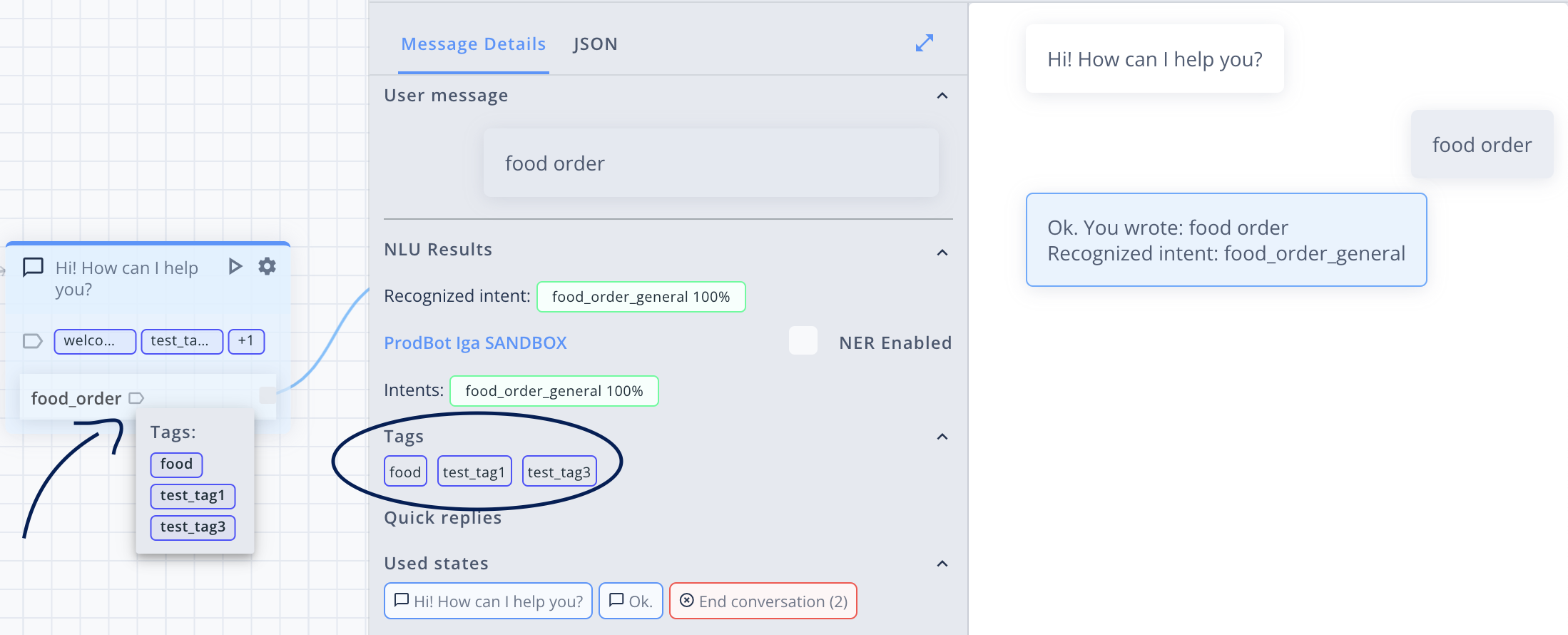 Output tags displayed on Block and in Message details

