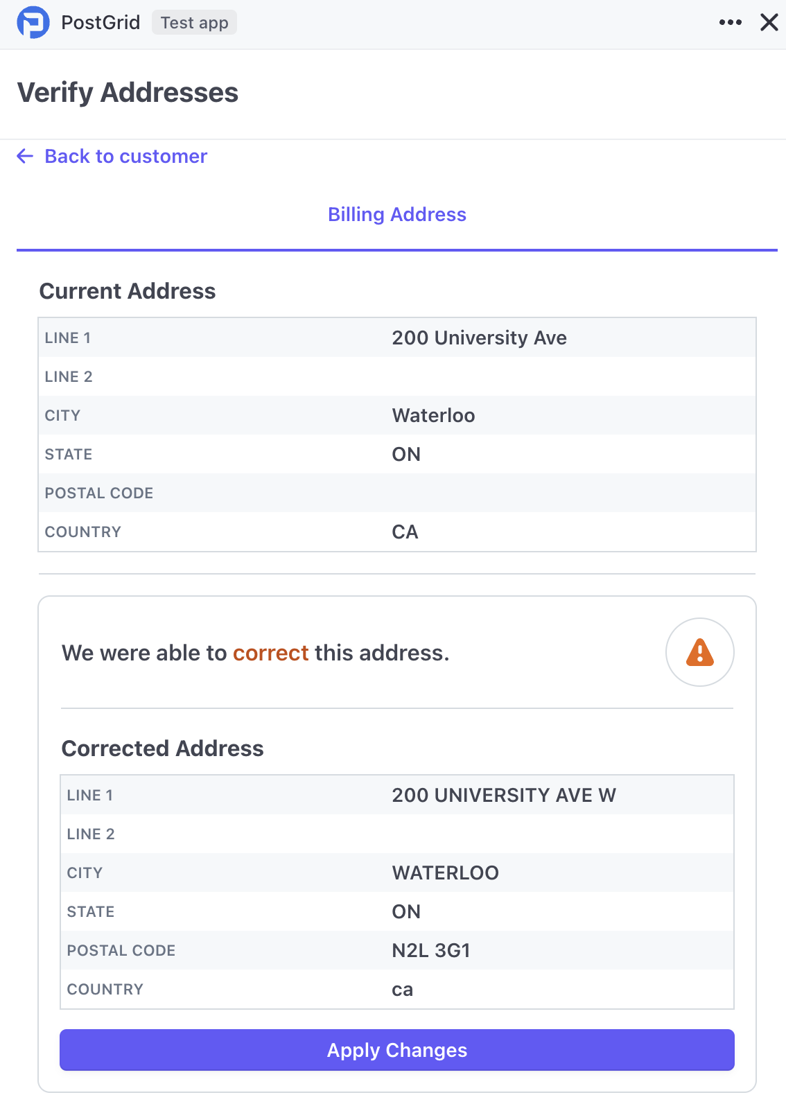 PostGrid's Customer Address Verification menu