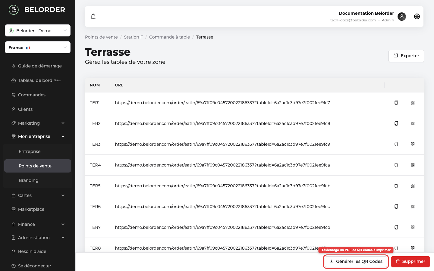 Page de détail d'une zone : liste des tables avec leur URL, et le bouton Générer les QR Codes en bas de page