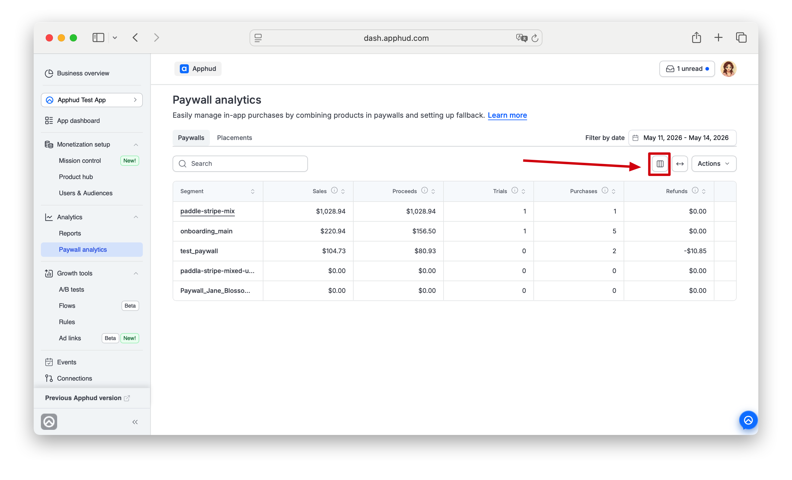 Apphud - Edit table columns in analytics