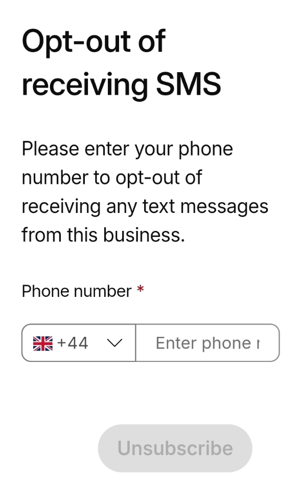 User can enter their phone number into the form so that it is added as an account level opt out