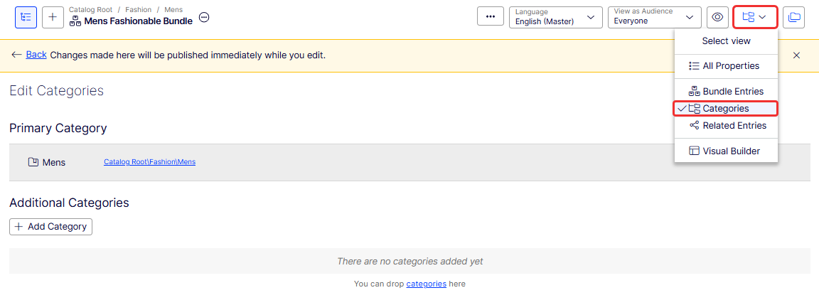 Screenshot of a product's Categories page showing its primary and additional categories.