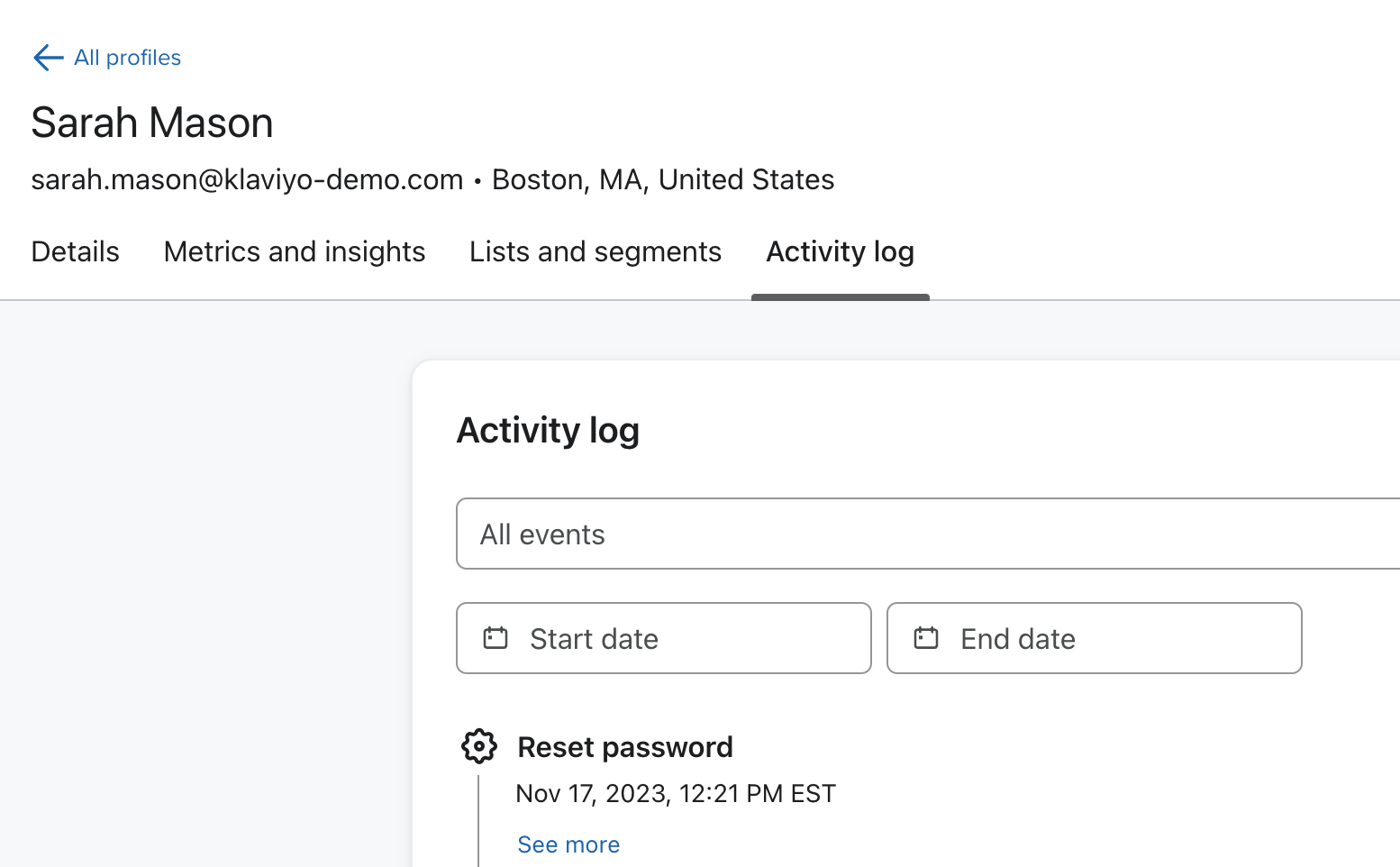 A reset password event shown in the profile activity log