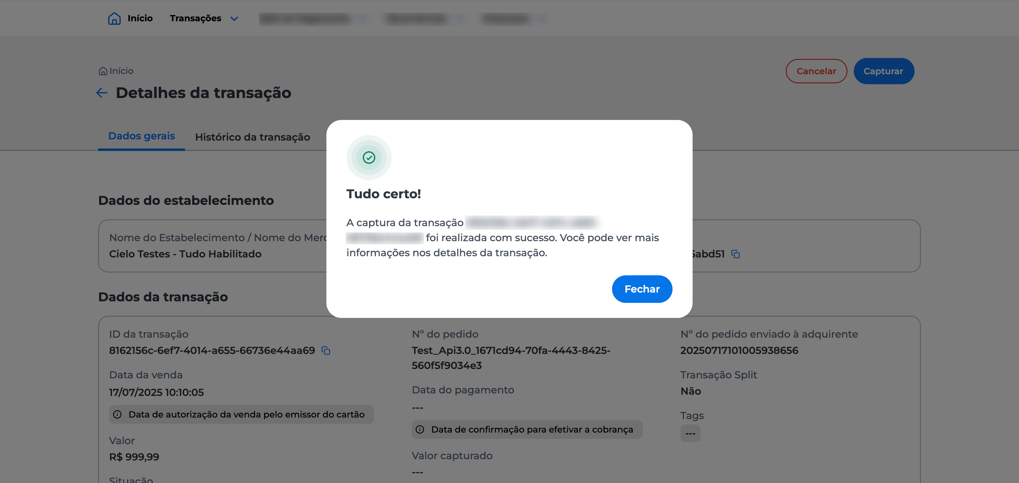 Tela de confirmação exibida após a autenticação em duas etapas. Uma mensagem indica que a captura parcial foi realizada com sucesso, com destaque para o texto "Sucesso na Captura Parcial" após a inserção do token.