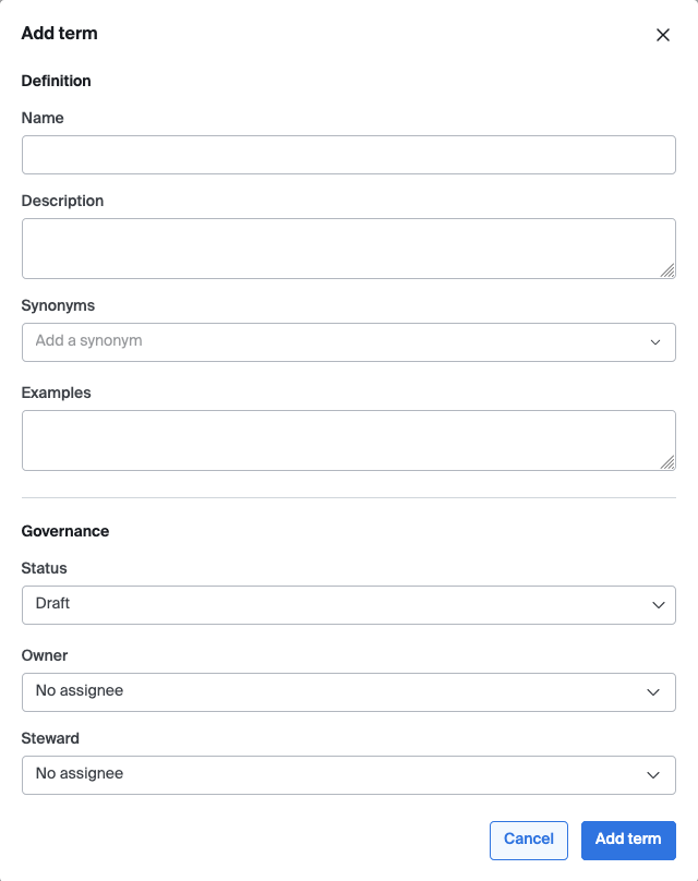 Add/Edit term modal, filled in with an example term