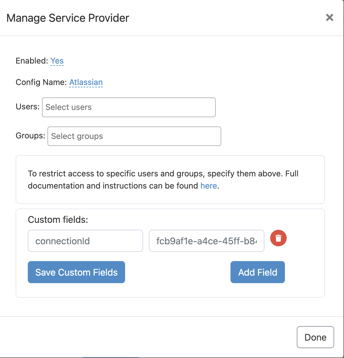 Configure Service Provider. Optionally select any specific Users or Groups to be allowed for SSO and then click the Save button.