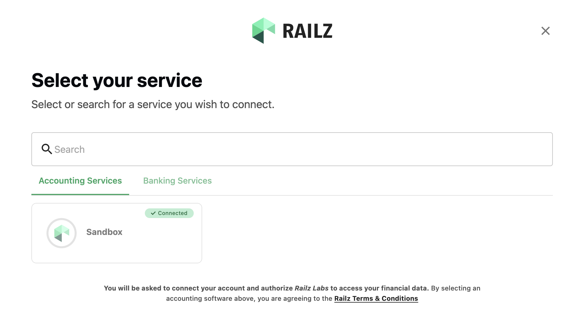 Railz Connect Sandbox.png Railz Connect - the business customers view when connecting their service providers to Railz.