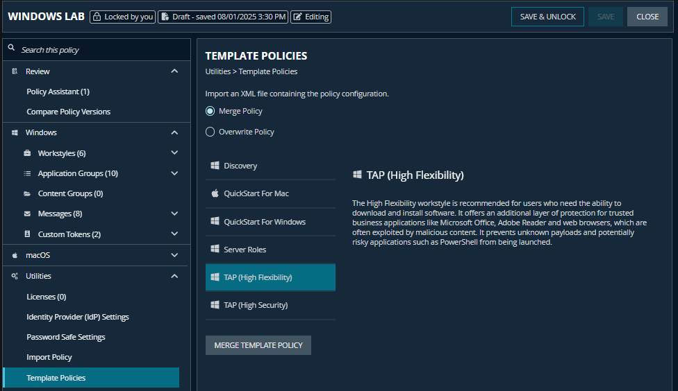 TAP templates to select in the Policy Editor utilities