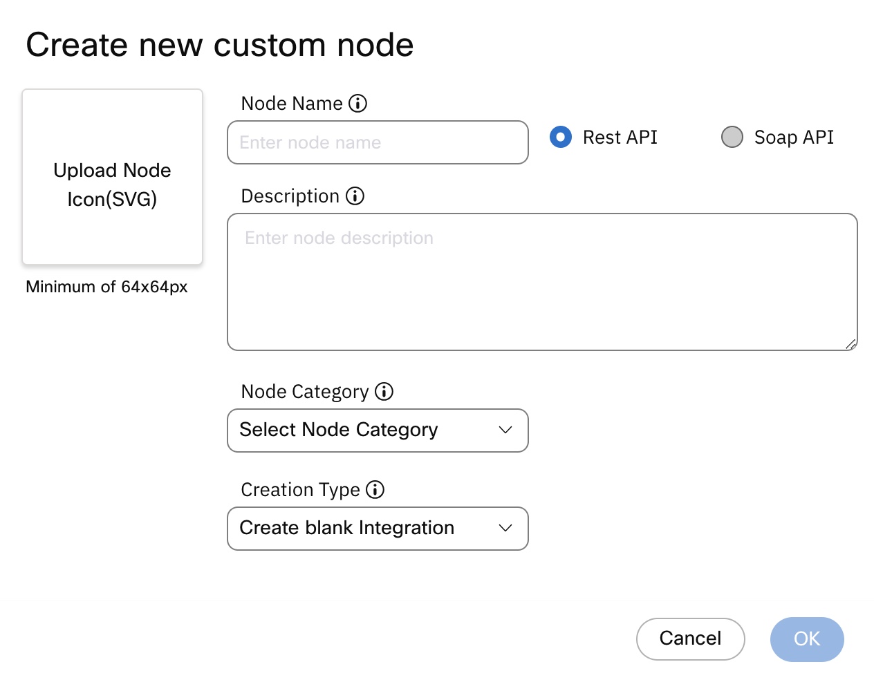 Screenshot of the 'Create new custom node' pop-up window.