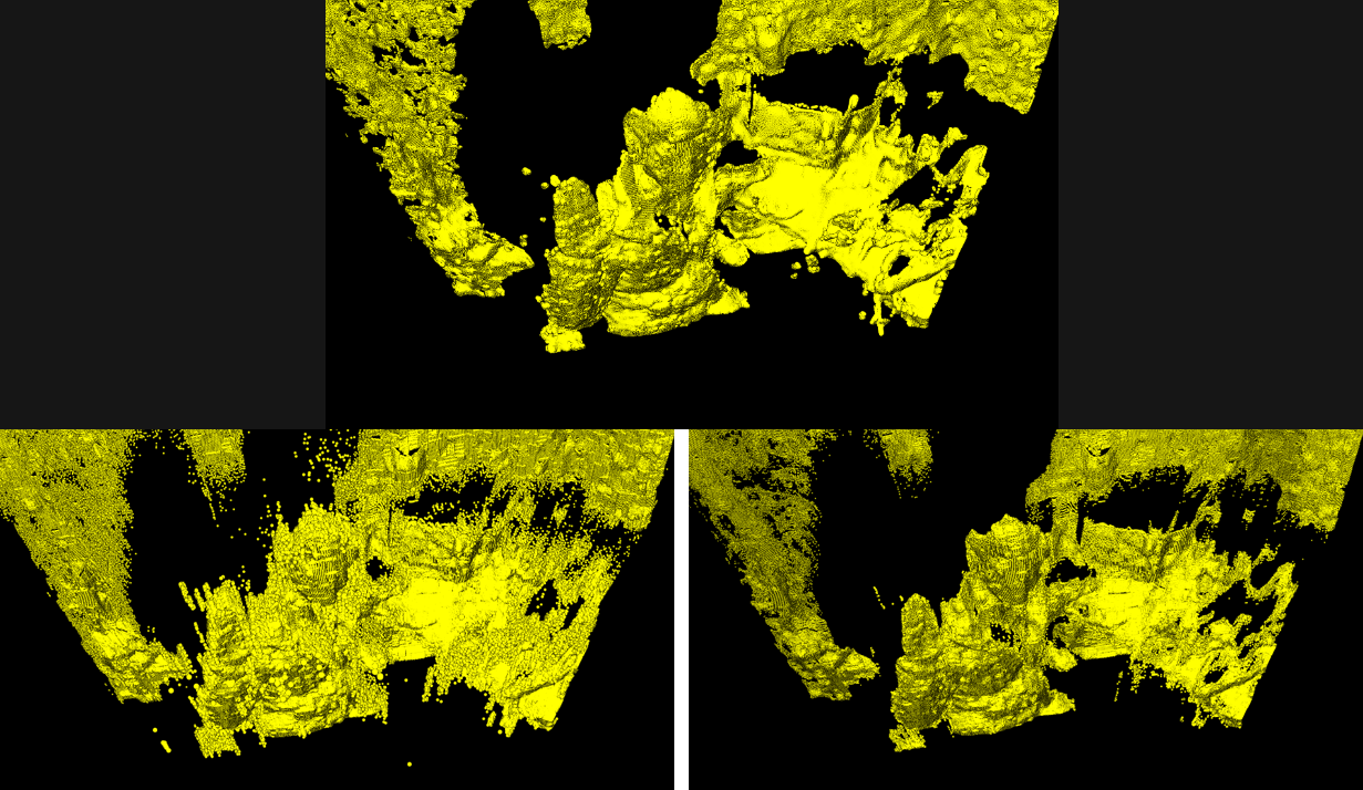 Fig. 6 These point cloud pictures show the appearance of “Flying pixels” after compression/decompression, and how they can be filtered. Top: Point cloud using uncompressed original depth. Bottom Left: Point cloud using depth recovered from JPG without modified median filter, showing the appearance of flying pixels near edges. Bottom Right: Point cloud using depth recovered from JPG with modified median filter. JPG image quality is set to 80. This final image looks very similar to the original image, with the median filter also serving to clean up the depth map and remove flying pixels.