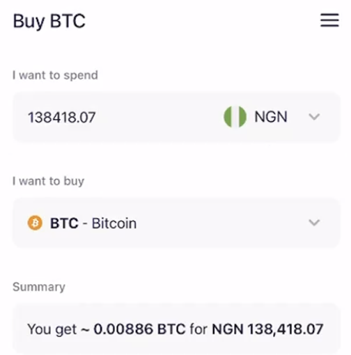 How the UI looks when buying crypto using Naira.