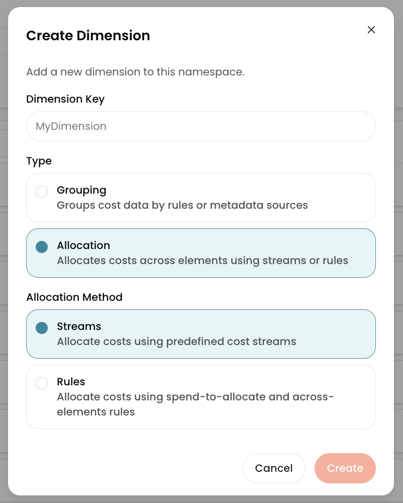 New Dimension dialog with Allocation type and method selector