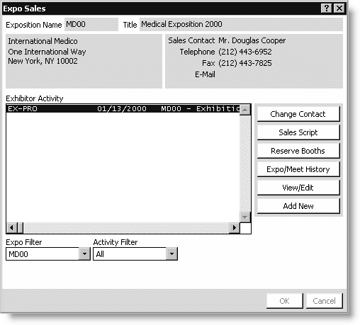 From Exposition, select Manage prospect lists, select an exposition, click Load Prospect List, and click Exhibitor Sales