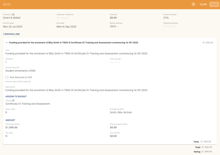 Figure 399. Funding invoice in detail showing the invoices lines with student name and class name.