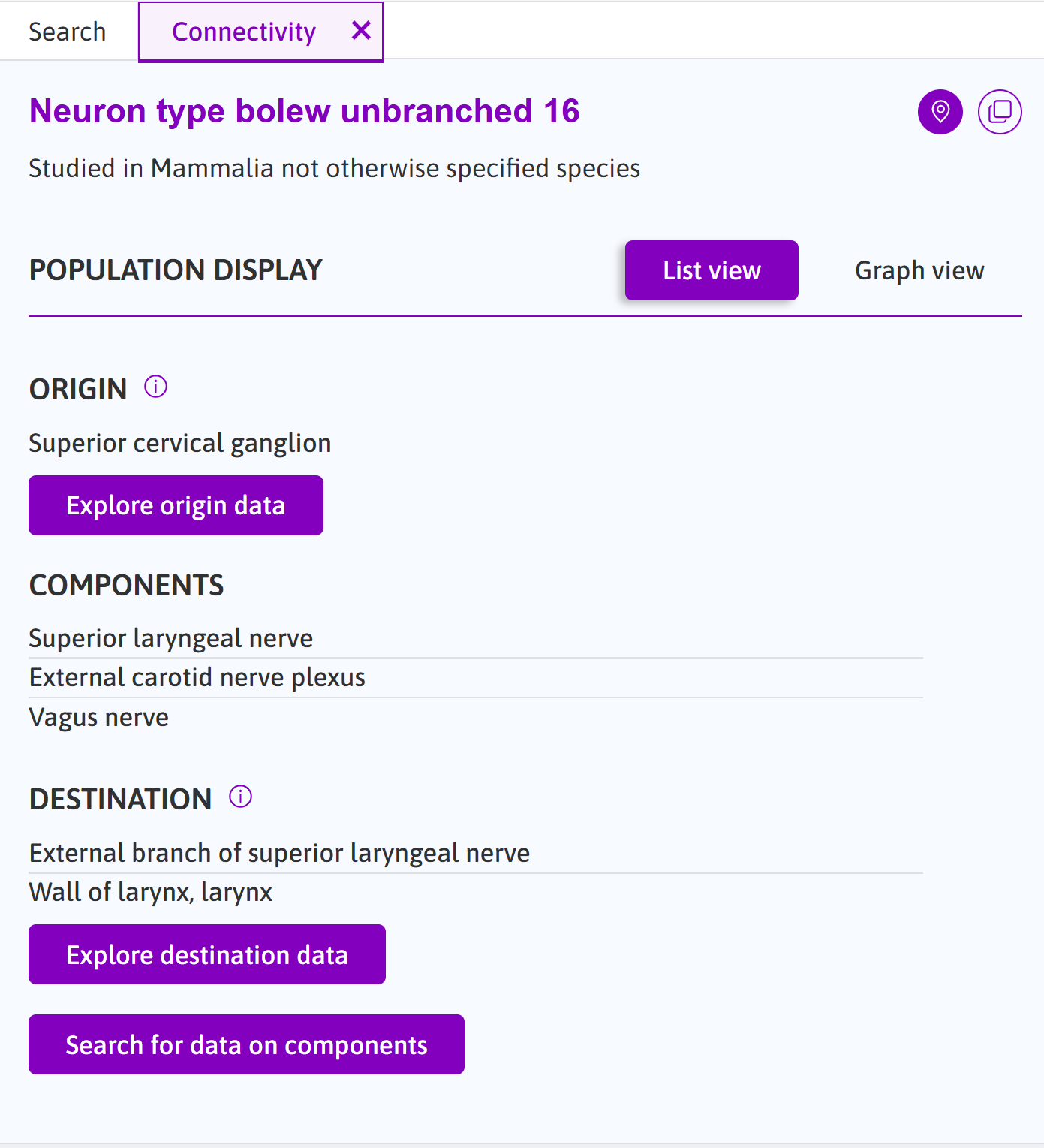 The list view of "Neuron type bolew unbranched 16"