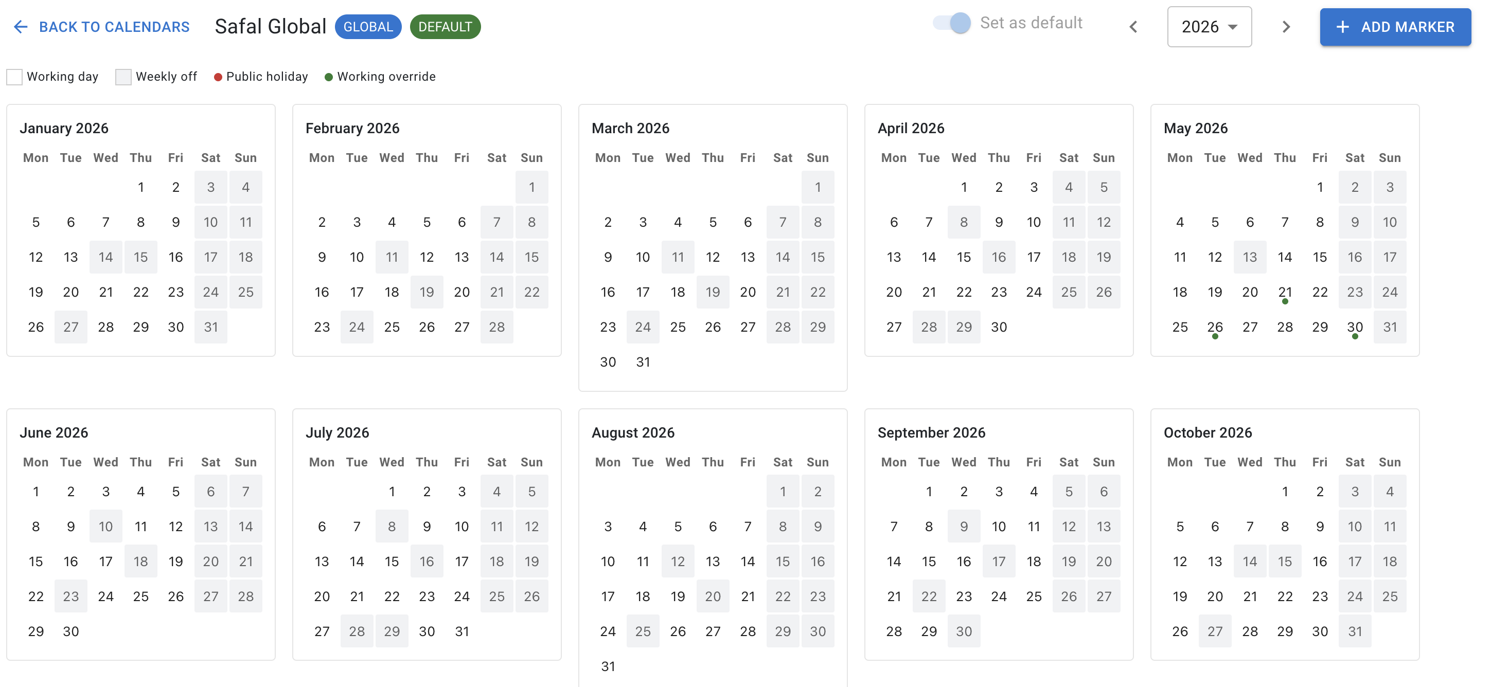 Calendar grid view for Safal Global (2026) — 12-month layout with green-dot working-override markers visible in May